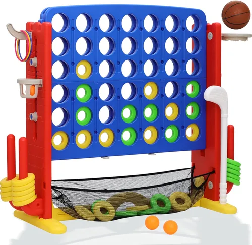 Juego gigante 4 en una fila, juego de patio jumbo de ajuste de altura para niños y adultos con bolsa de captura de malla, golf, aro de baloncesto y