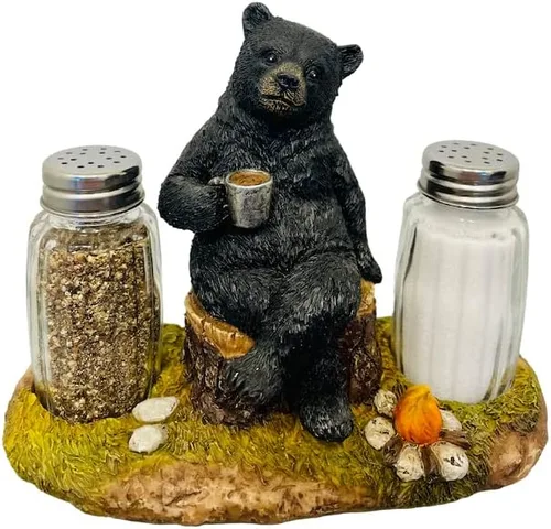 Pine Ridge Juego de salero y pimentero de oso de café, dos cocteleras de vidrio, soporte para fogata para especias y condimentos, para cocina,