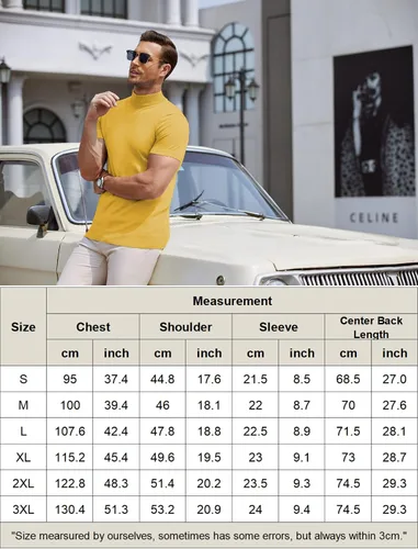 Miniatura 6 de COOFANDY Suéter de cuello alto falso para hombre, de manga corta, color sólido, básico, ajustado, de punto