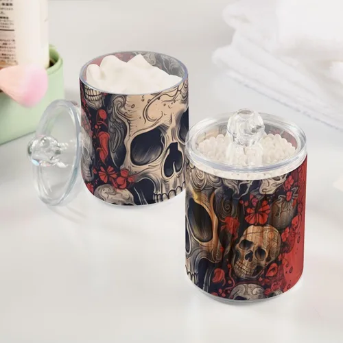 Miniatura 5 de Vnurnrn Qtip - Dispensador de bolas de algodón con tapa, estampado de corazones y calaveras, tarros de plástico, recipientes de baño, organizador