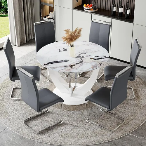 Miniatura 57 de JUFU Juego de mesa de comedor redonda para 4, mesa de comedor de 48 pulgadas con mesa de mármol sintético y 4 sillas tapizadas, moderno juego