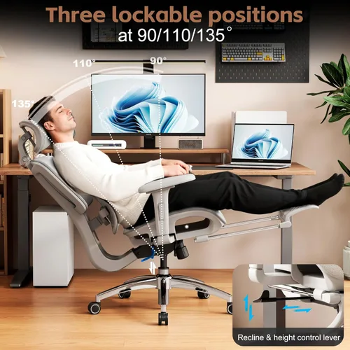 Miniatura 9 de Vonesse Silla de oficina ergonómica con reposapiés, sillas de escritorio con reposacabezas y reposabrazos ajustables 3D, silla de juegos de Gris