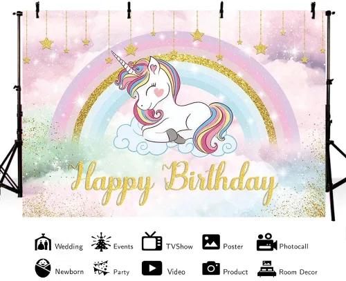 Miniatura 2 de MEHOFOND Telón de fondo de unicornio de 7 x 5 pies para niñas, cumpleaños, arco iris, caricatura, unicornio, fotografía, fondo de princesa, cielo
