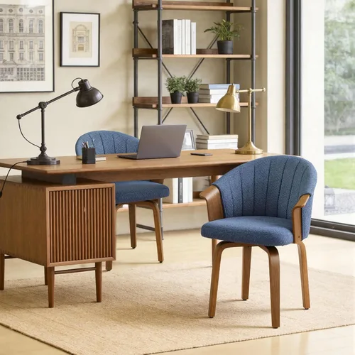 Miniatura 6 de Art Leon Silla de escritorio sin ruedas, silla giratoria moderna de mediados de siglo, silla de escritorio de tela Boucle con patas de madera