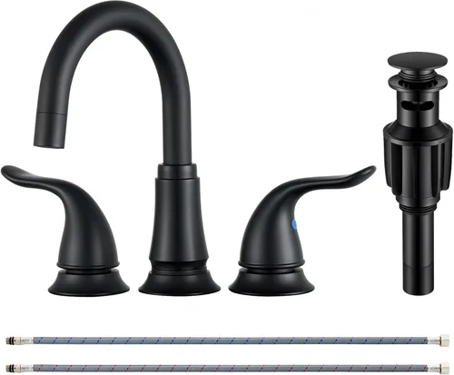 KPW Grifo de baño negro mate de 3 agujeros, grifo de lavabo extendido de 8 pulgadas con ensamblaje de desagüe emergente y líneas de suministro, dos