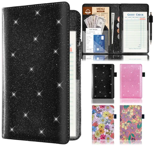 Miniatura 10 de Libro de mesero con 2 bolsillos con cremallera, organizador de libro de mesero con cubierta floral de cuero para camarera, linda cartera de dinero