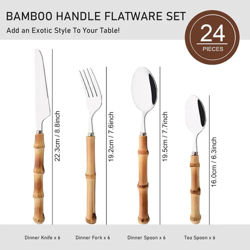 Miniatura 2 de Juego de cubiertos con mango de bambú, juego de cubiertos de 24 piezas para 6, cubiertos de acero inoxidable, incluye tenedores, cucharas