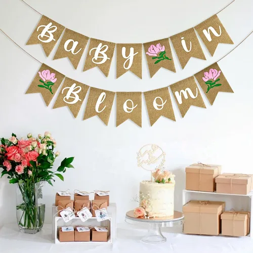 Miniatura 5 de Anwyll Bandera de bebé en flor - Sin bricolaje Bandera de decoración para baby shower Letrero de arpillera Rosa Flores Bebés en flor Banderas