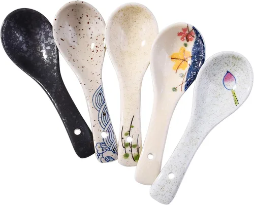 Juego de cucharas de sopa de cerámica de 5 a 5.5 pulgadas, cucharas de ramen de patrón surtido, cucharas de porcelana de estilo japonés pintadas a