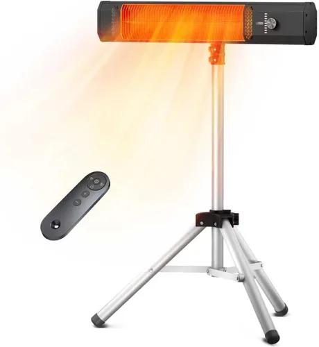 Calentador de patio al aire libre con control remoto, calentador eléctrico infrarrojo con trípode, altura ajustable de 68 pulgadas, temporizador de