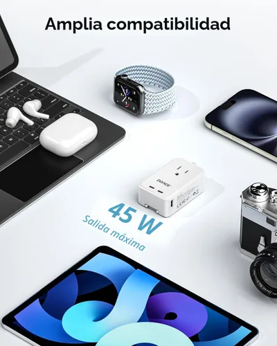 Miniatura 6 de DOACE Adaptador de viaje Pico de 45 W, adaptador de corriente universal de 5 puertos, 1 CA, 2 USB C y 2 USB-A, adaptador de enchufe internacional