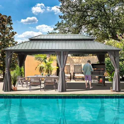 Miniatura 40 de Domi - Cenador de techo rígido de 8 x 8 pies con malla y cortinas, cenador para exteriores con techo doble de acero galvanizado para patio, césped