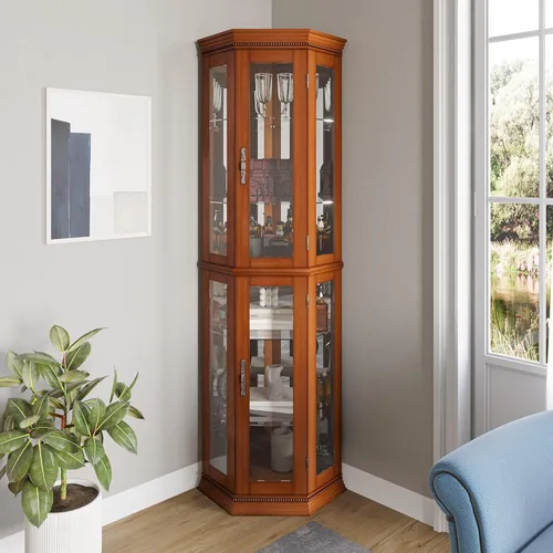 Miniatura 3 de BELLEZE Vitrina Curio con iluminación de 3 lados, puerta de vidrio templado y estantes, gabinete de esquina de madera con bombilla, estante Roble