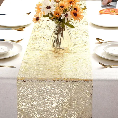 Miniatura 4 de Tatuo 3 piezas de camino de mesa dorado con brillo metálico, camino de mesa metálico con brillo con rollo rectangular de poliéster para decoración