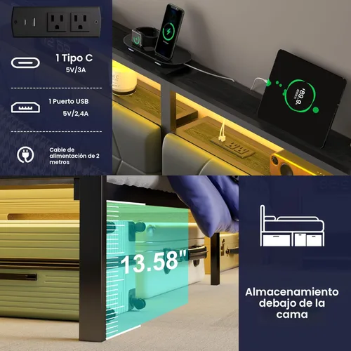 Miniatura 5 de J.Fkne - Marco de cama Queen con luces LED y estación de carga, marco de cama estilo plataforma metálica con cabecera de almacenamiento de 2