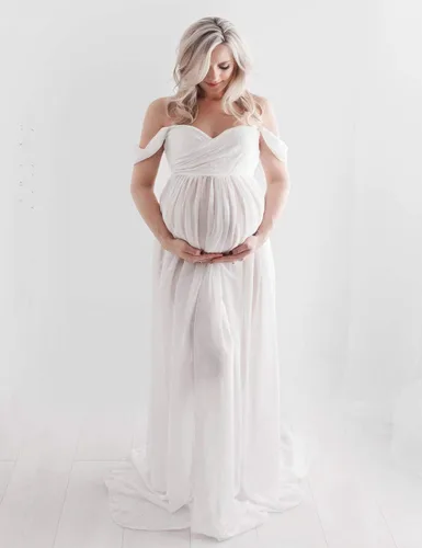 Miniatura 2 de JustVH Vestidos de maternidad para sesión de fotos con hombros descubiertos, vestido de encaje de gasa, con abertura frontal, maxi vestidos