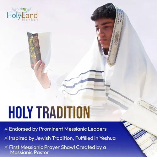Miniatura 4 de Holy Land Market Mantón mesiánico de oración Tallit azul reydorado con bolsa, tarjeta y folleto a juego de Israel