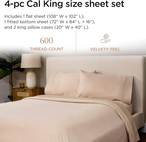 Miniatura 2 de Threadmill - Juego de sábanas de 100 % algodón para cama tamaño California King - Juego de sábanas de 600 hilos con bolsillo de 40 cm de Sólido