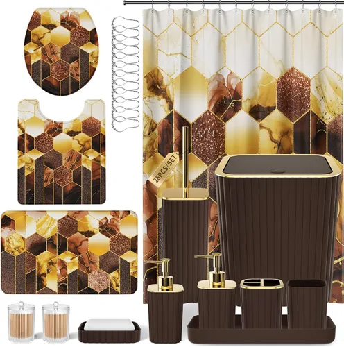 Miniatura 17 de XLHOMO Juego de baño – Juego de baño de 26 piezas con cortina de ducha y alfombras, juego de accesorios de baño, juego de accesorios de baño negro