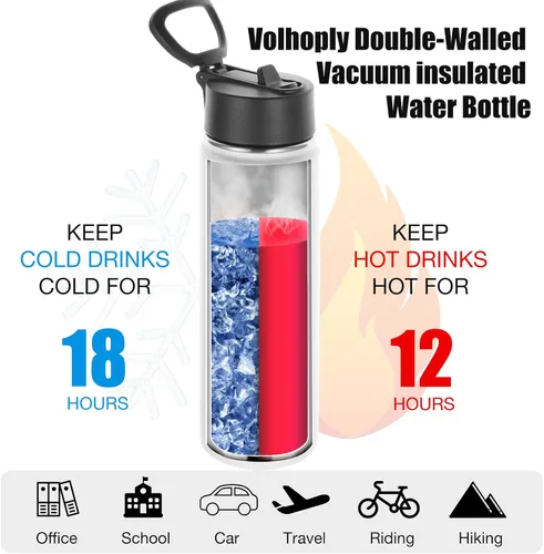 Miniatura 3 de Volhoply Botellas de agua aisladas de 22 onzas con tapa con popote, no aptas para sublimación, botella deportiva de acero inoxidable con asa, tazas