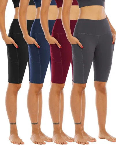 WHOUARE Paquete de 4 pantalones cortos de yoga con bolsillos para mujer, cintura alta, atléticos, correr, entrenamiento, gimnasio, control de abdomen