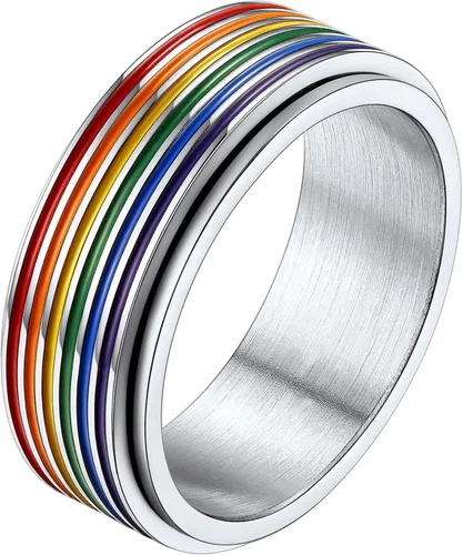 Anillo giratorio LGBT de acero inoxidable con diseño de arco iris Love is Love Gay Lesbians Pride Jewelry Anillos para hombres y mujeres, tamaño