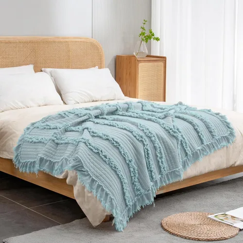 Miniatura 21 de Manta acolchada ultra suave y prelavada de tamaño individual color amarillo bohemio para cama, manta decorativa con flecos con volantes, manta