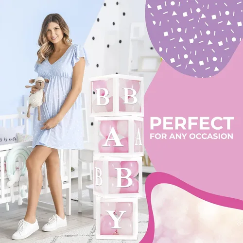 Miniatura 9 de Cajas para Baby Shower con Letras – Cajas Blancas con Globos Rosas y Blancos – Set de 44 Piezas para Revelación de Género y Decoración de Fiesta