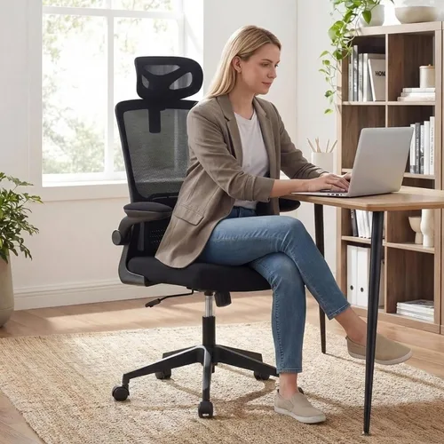 Miniatura 8 de Silla de oficina ergonómica con reposacabezas, silla de escritorio de malla con respaldo alto, soporte lumbar ajustable, silla giratoria