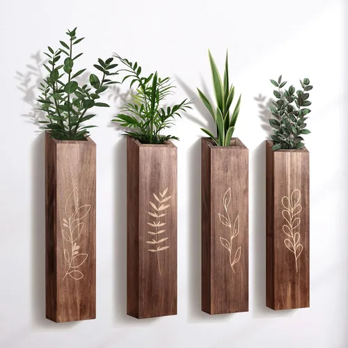 Paquete de 4 macetas de pared de madera para interiores, decoración de pared moderna y bohemia para sala de estar, dormitorio, jarrones de bolsillo