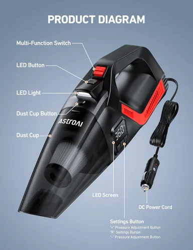 Miniatura 9 de AstroAI - Aspiradora de coche 4 en 1 y compresor de aire para neumáticos portátil con accesorios, pantalla digital de doble valor, 150 PSI, bomba