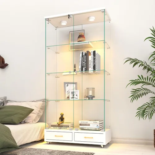 Miniatura 24 de Vitrina de cristal con 3 estantes con 2 puertas, vitrina de cristal transparente para sala de estar, dormitorio, 49.49 x 31.77 x 14.37 pulgadas