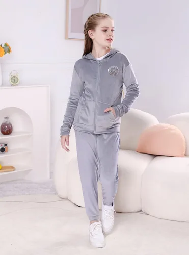 Miniatura 4 de V.&GRIN Girls 2 Piece Outfit Tracksuit Velour Zip-Up Hooded Sweatshirt and Athletic Sweatpants Clothes Kids Jogger Set