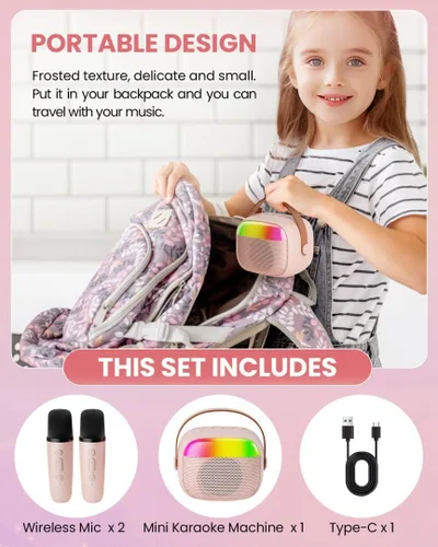 Miniatura 6 de Mini máquina de karaoke para niños, juguete para niñas, altavoz Bluetooth portátil con 2 micrófonos inalámbricos, regalos de juguete de moda