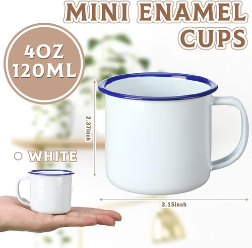 Miniatura 2 de Yinder Mini tazas de café esmaltadas para camping, de metal, pequeñas, clásicas, portátiles, blancas, tazas vintage a granel con asa para café, té
