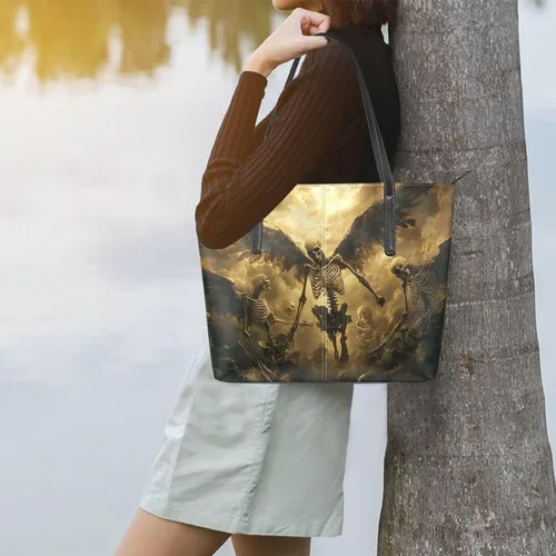 Miniatura 2 de Bolso de mano grande con diseño de ángel de esqueleto gótico para mujer, piel sintética, asa superior, bolsa de hombro impermeable con cremallera
