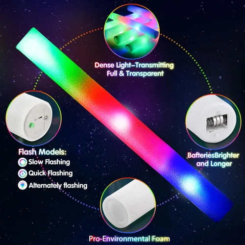 Miniatura 4 de OLUPP 48 piezas de palos de espuma brillantes, palos de resplandor a granel con 3 modos de parpadeo colorido, varitas luminosas para niños, paquete