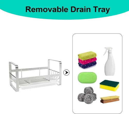 Miniatura 7 de TEZZ Soporte para esponjas de cocina, organizador de fregadero de acero inoxidable para guardar esponjas, cepillos y dispensador de jabón para Plata
