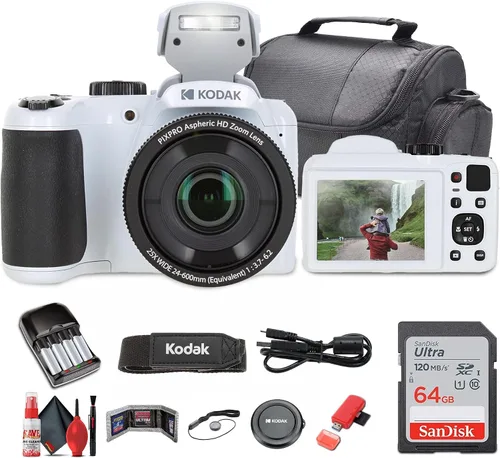 Kodak Pixpro AZ255 Cámara digital (AZ255WH) El paquete incluye: tarjeta de memoria de 64 GB, baterías recargables, funda, correa para el cuello,