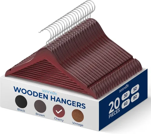 Miniatura 20 de SereneLife Paquete de 30 perchas de madera resistente – Juego de perchas de madera maciza con gancho giratorio de 360°, barra para pantalones