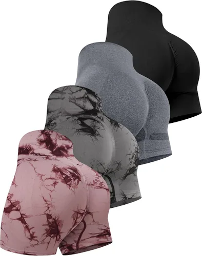 Miniatura 7 de CHRLEISURE Pantalones Cortos de Entrenamiento para Mujer, 4 Paquetes, Cintura Alta, Levantamiento de Glúteos con Fruncido, Pantalones Cortos Booty