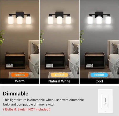 Miniatura 6 de FonmYim Lámpara de baño negra, lámpara de tocador moderna de 3 luces sobre espejo, apliques de pared con pantallas de vidrio esmerilado blanco