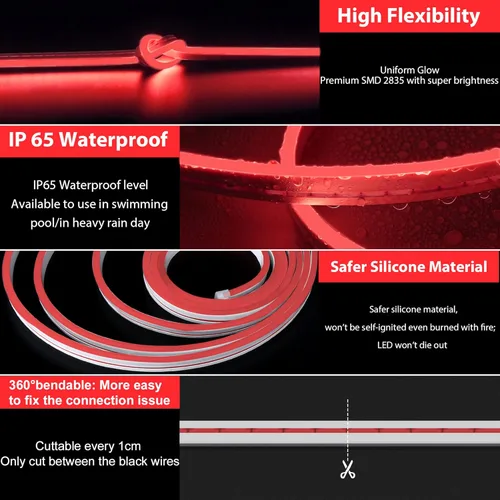Miniatura 3 de Lamomo Luces LED de Neón, Tira de Luz LED Roja de 16.4 pies, 12V 0.39 pulgadas/Corte Luz de Cuerda de Neón de Silicona Impermeable, Letrero de Neón