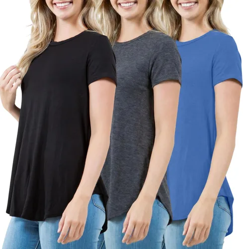 Miniatura 12 de Azules Blusa larga de manga corta para mujer, con cuello redondo y dobladillo curvado, suave y elástica