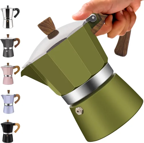 Miniatura 14 de Cafetera clásica de aluminio para 3 tazas, cafetera espresso de 5.1 fl oz, 5 onzas, cafetera de moca, olla greca, cafetera para café italiano y Azul