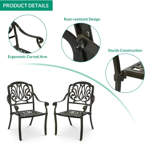 Miniatura 3 de VIVIJASON Juego de 2 sillas de comedor para exteriores, sillas de comedor de aluminio fundido para patio, juego de sillas de bistró para balcón