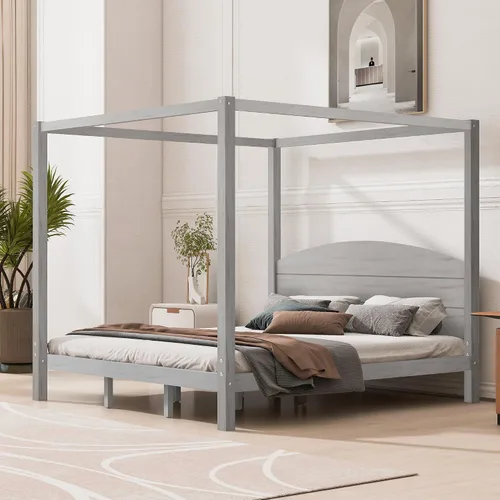 Miniatura 7 de Linique Cama de plataforma tamaño King con cabecera y patas de soporte, marco de cama King de madera con cuatro pósteres, no requiere somier, gris