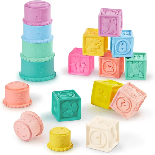 B. toys Juguetes sensoriales para bebés - Bloques suaves para bebés - Vasos de goteo apilables - Números, formas y animales - Más de 6 meses -
