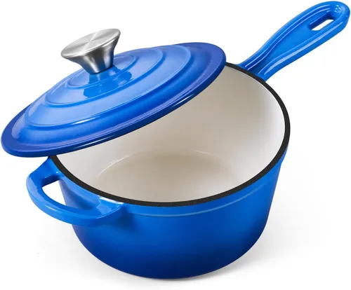 Miniatura 32 de Onader Sartén de hierro fundido esmaltado, cacerola pequeña de 1 cuarto de galón con tapa, olla de hierro fundido, horno holandés esmaltado, Blanco