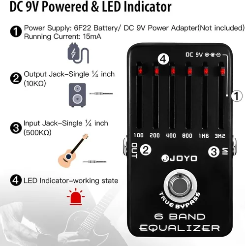 Miniatura 6 de JOYO Pedal ecualizador de guitarra eléctrica de 6 bandas (100Hz 200Hz 400Hz 800Hz 1.6kHz 3.2kHz) Proporciona ±18dB para cada banda (JF-11)